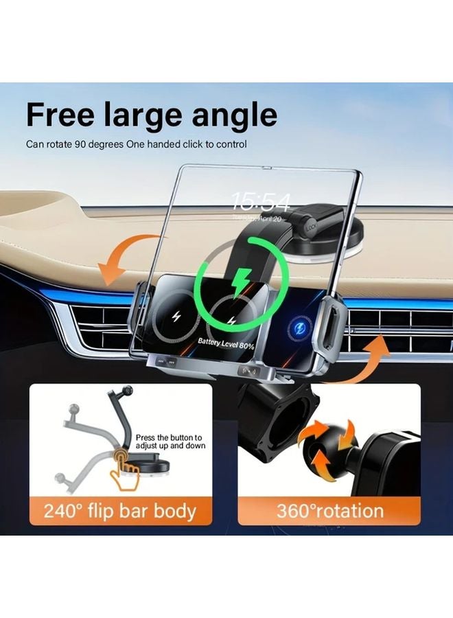 Grey 2 In 1 Rotating Car Phone Stand Wireless Charger 15W Fast Charging Foldable - Image 4